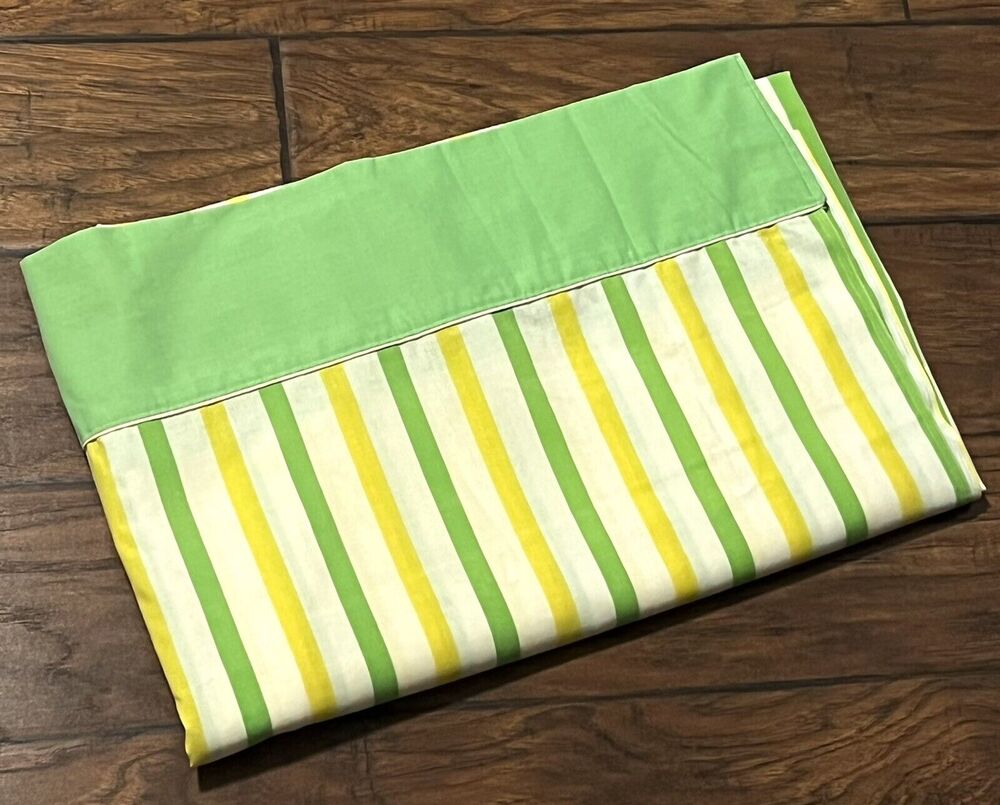 Vtg Cannon Monticello Full Flat Sheet Green Yellow Striped Retro 81”x96” EUC
